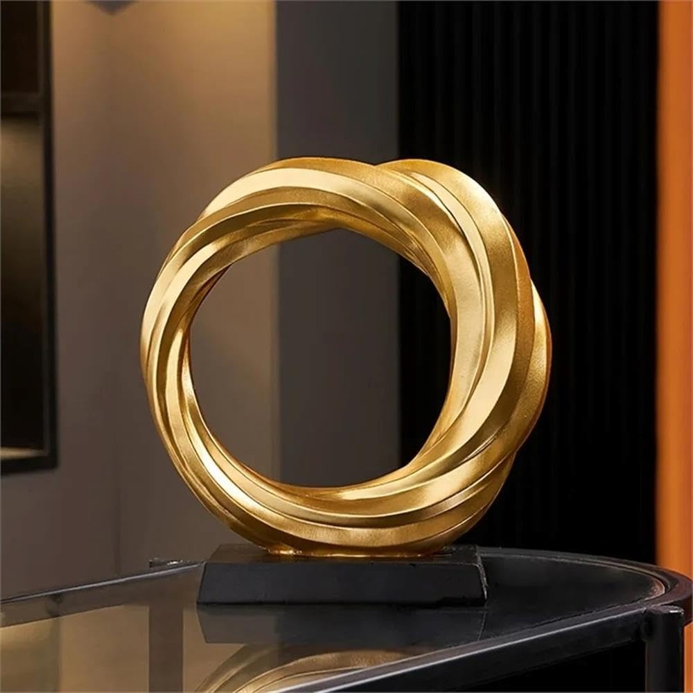 Modern Gold Resin Circle Sculpture, Abstract Design with Crystal Ball, 8.66 in Decorative Home Accent , or Entryway