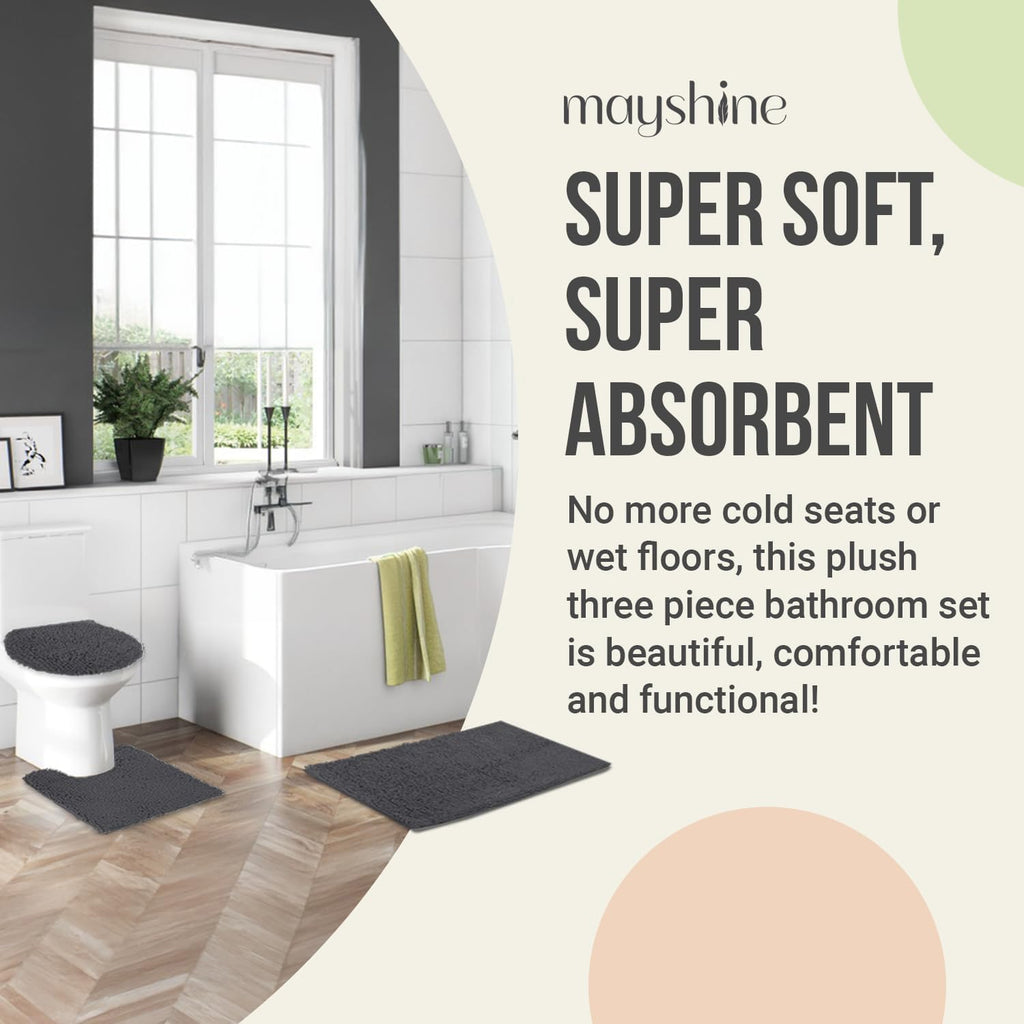 Standard 3pc Set Chenille Bath Mats, Includes 21"x24" U-Shaped Contour Toilet Rug, 21"x34" Inches Bathmat and 1