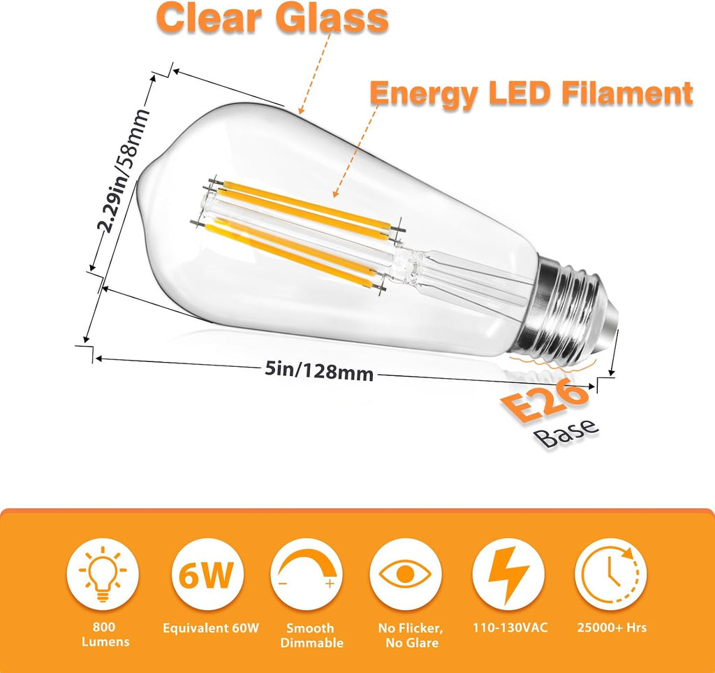 8W 800LM Vintage LED Edison Bulbs, Dimmable LED Light Bulbs 60W Equivalent, High Brightness 2700K Warm White ST58