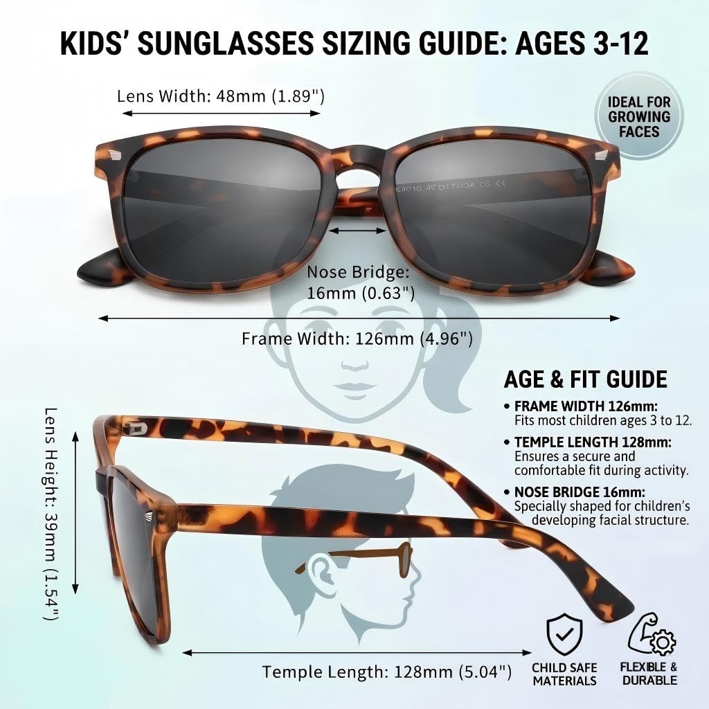 Polarized Kids Sunglasses UV 400 Protection for Girls Boys Classic Retro Style Toddler Shades