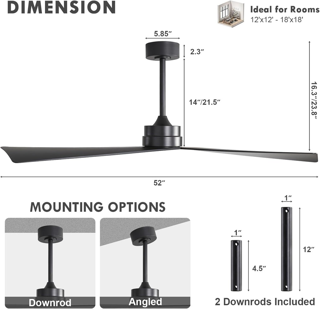 Inspired Adler Style 52" DC Ceiling Fan Without Light, 3 Sculpted ABS Blades, 6-Speed Remote - Matte Black