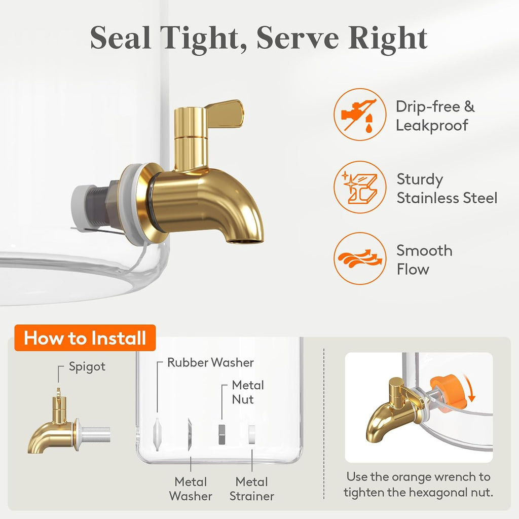 1.5 Gallon Glass Drink Dispenser with Wood Stand & Leakproof Spigot - Set of 2