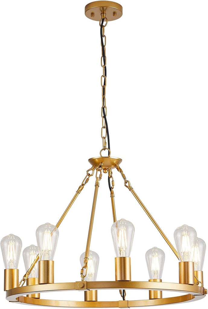 Inspired Camino Style Chandelier - Gold Wagon Wheel Chandelier, 8 Lights Dining Room Light Fixture,23.6" Golden Metal Kitchen Island Lighting Round Pendant Light Hanging Lamp for Foyer Living Room Entryway,Height Adjustable,E26 A105-B0D78CMMRJ