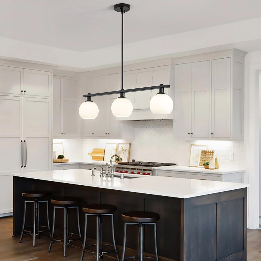 Kitchen Island Lighting 3 Lights Linear Pendant Light Fixtures With Milk Glass Shades Black Farmhouse Chandeliers
