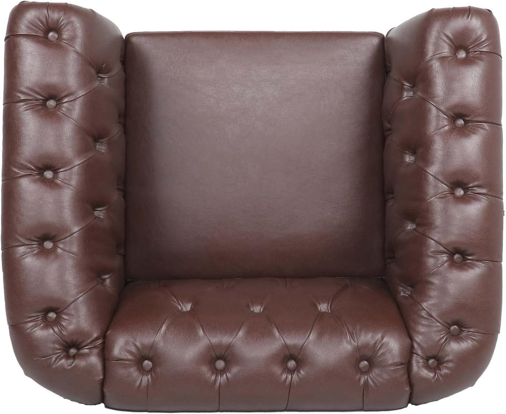 Leather Chesterfield Chair, Mid-Century Modern Single Sofa Chair, Tufted Upholstered Rolled Armchair Bedroom Reading