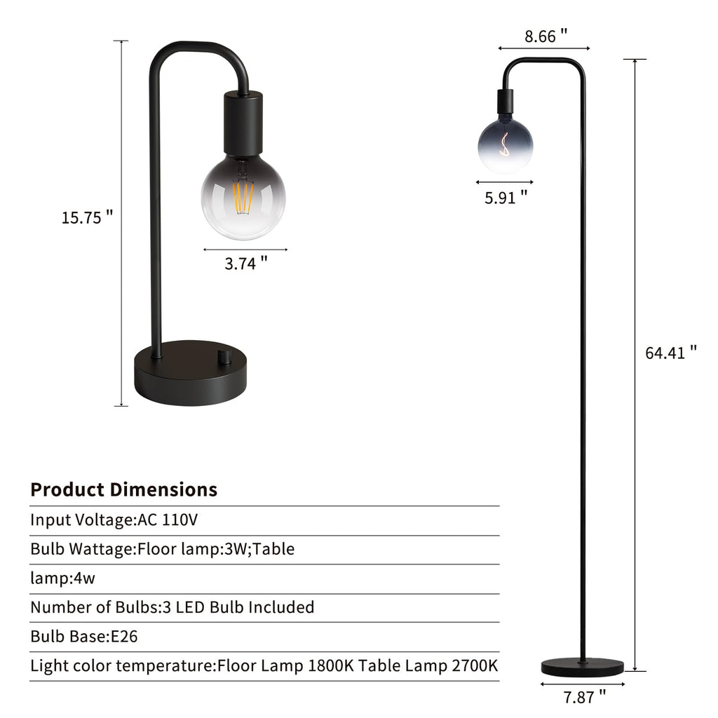 Industrial Lamp Set 3 Piece-1 Floor Lamp and 2 Dimmable Table Lamp- 3 Pack Modern Matching Floor and Table Lamp with