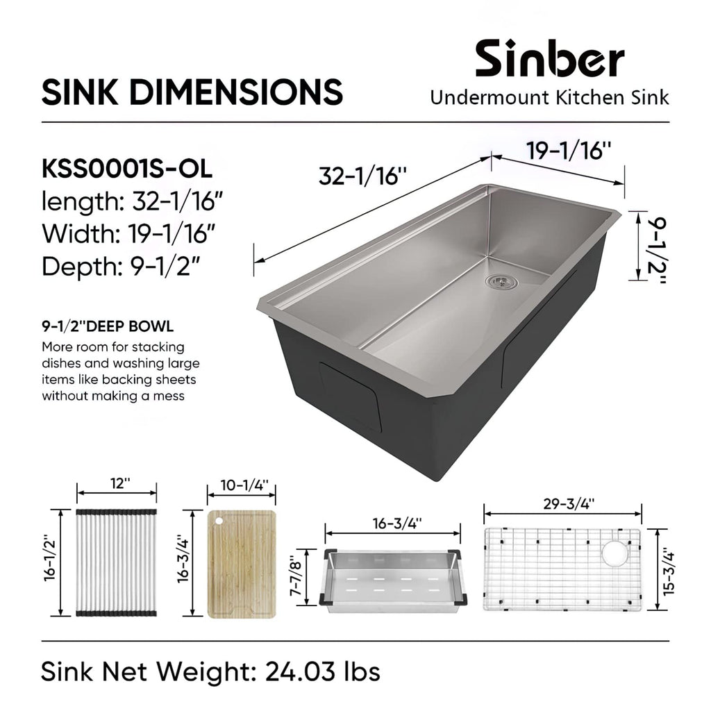 32" x 19" x 10" Undermount Single Bowl Workstation Kitchen Sink with 16 Gauge 304 Stainless Steel Satin