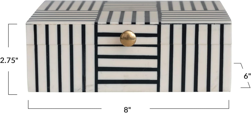 Plastic Storage Box with Striped Block Pattern and Gold Knob, Black and White