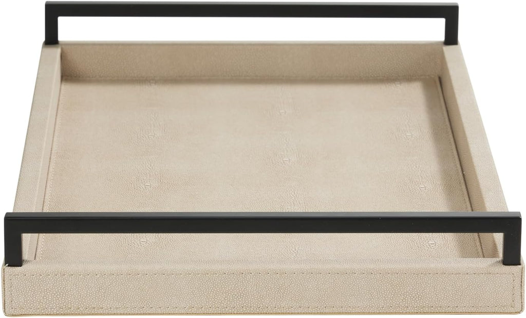 Sagala Ivory Shagreen Serving Tray for Ottoman, Faux Leather Wooden Decorative Tray with Black Handle for Coffee