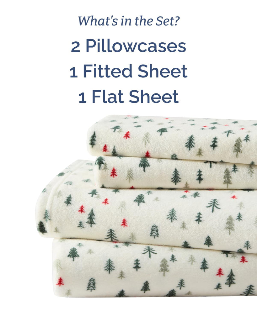 Fleece Sheets King Size Set - 4-Piece Velvet Flannel Sheet Set - Trees