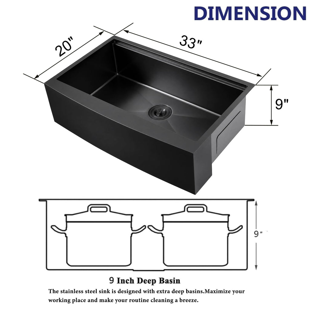 33 Inch Black Farmhouse Kitchen Sink, 33x20x9 Inches Stainless Steel Undermount 16 Gauge Deep Single Bowl Apron Front
