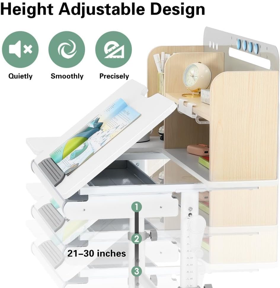 39in Wide Adjustable Height Kids Desk with Tilting Desktop, Bookshelf Hutch