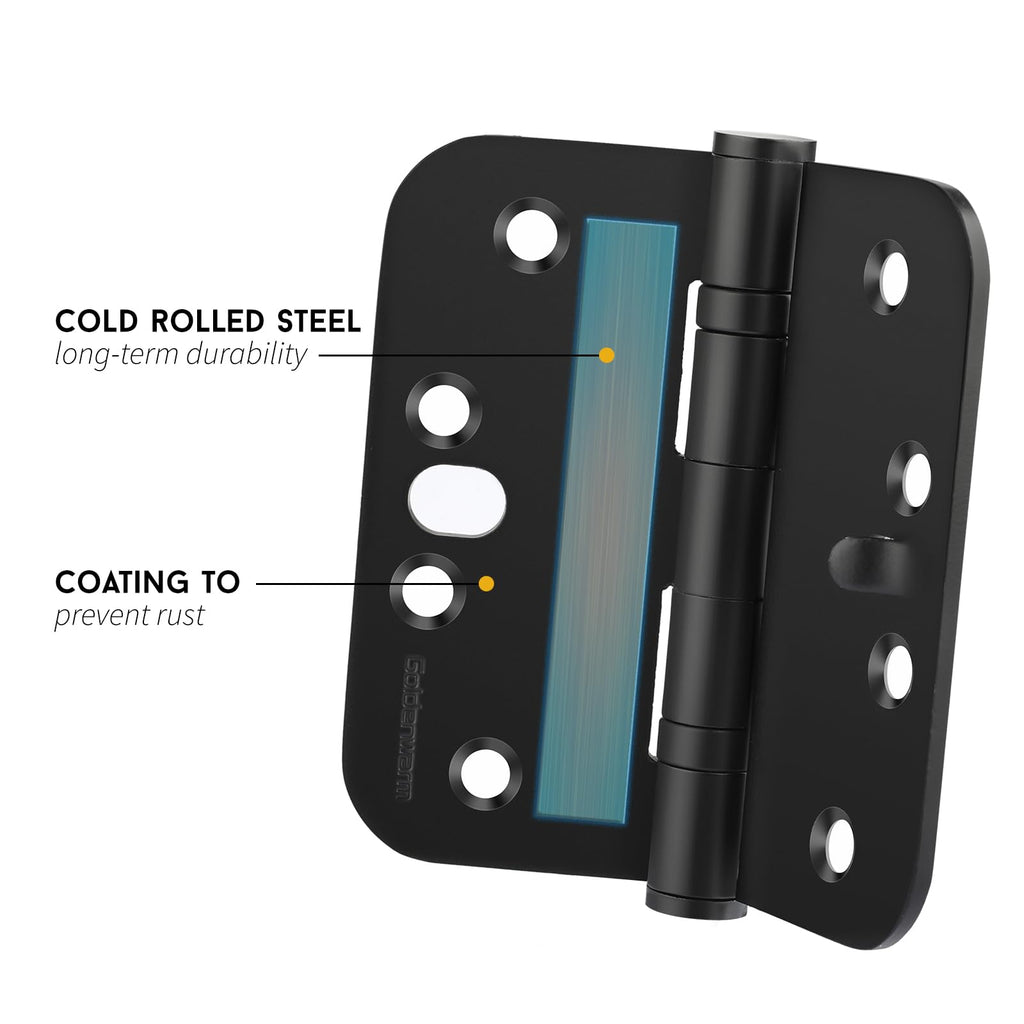 6 Pack Black Security Door Hinges 4 Inch with 5/8" Radius Corner