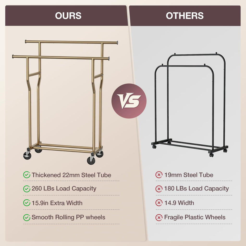 Clothes Rack, Double Rods Rolling Clothing Rack for Hanging Clothes Load 260 LBS Closet Rack with Wheels, Metal