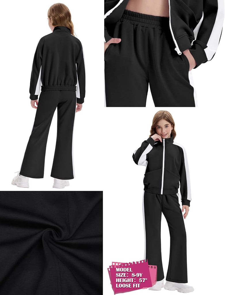 Girls 2 Piece Tracksuit Set Color Block Zip Jacket & Flare Leg Pants