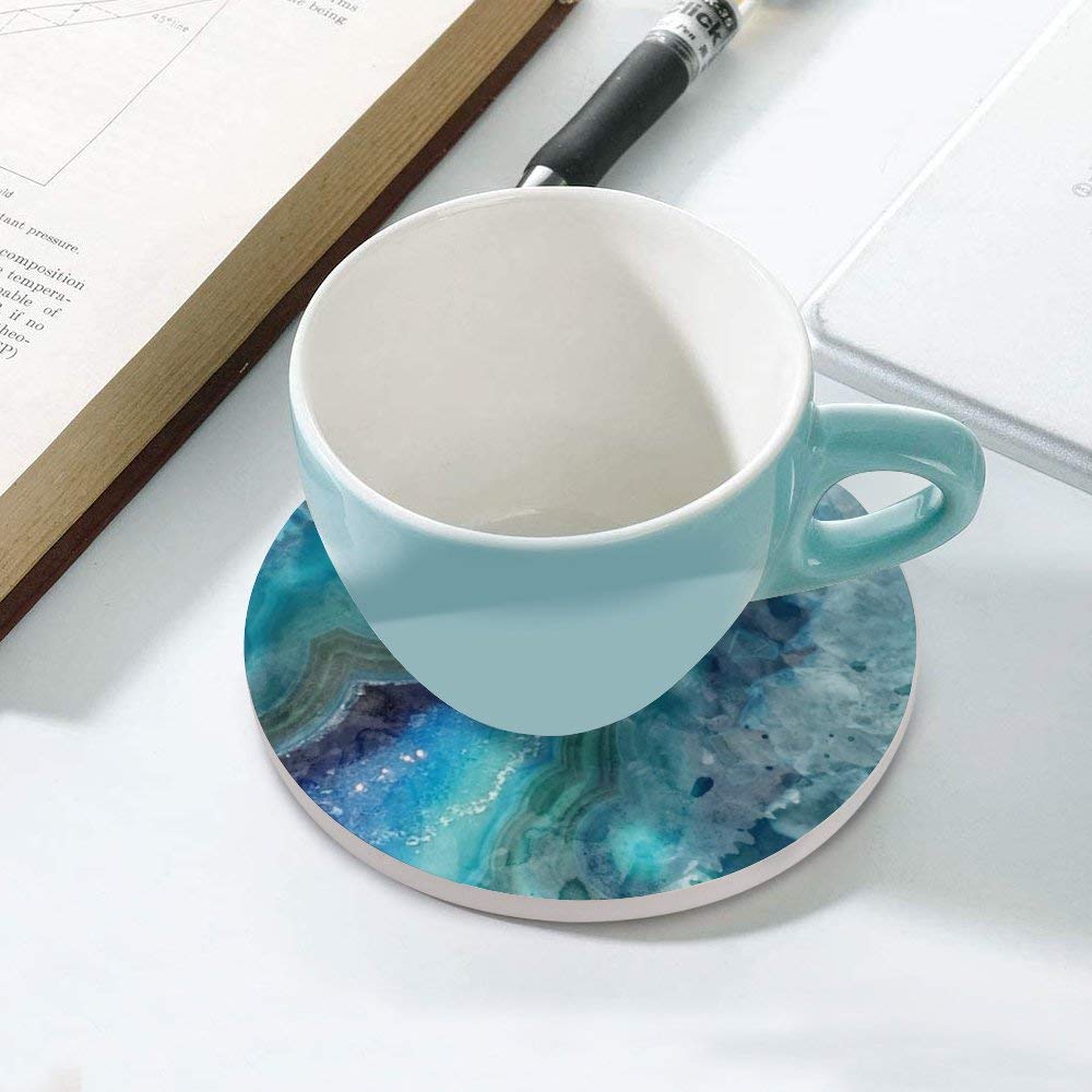 Blue Watercolor Agate Geode Print Absorbent Coaster for Drinks Ceramic with Cork Back Fit Big Cup, 4 Sets