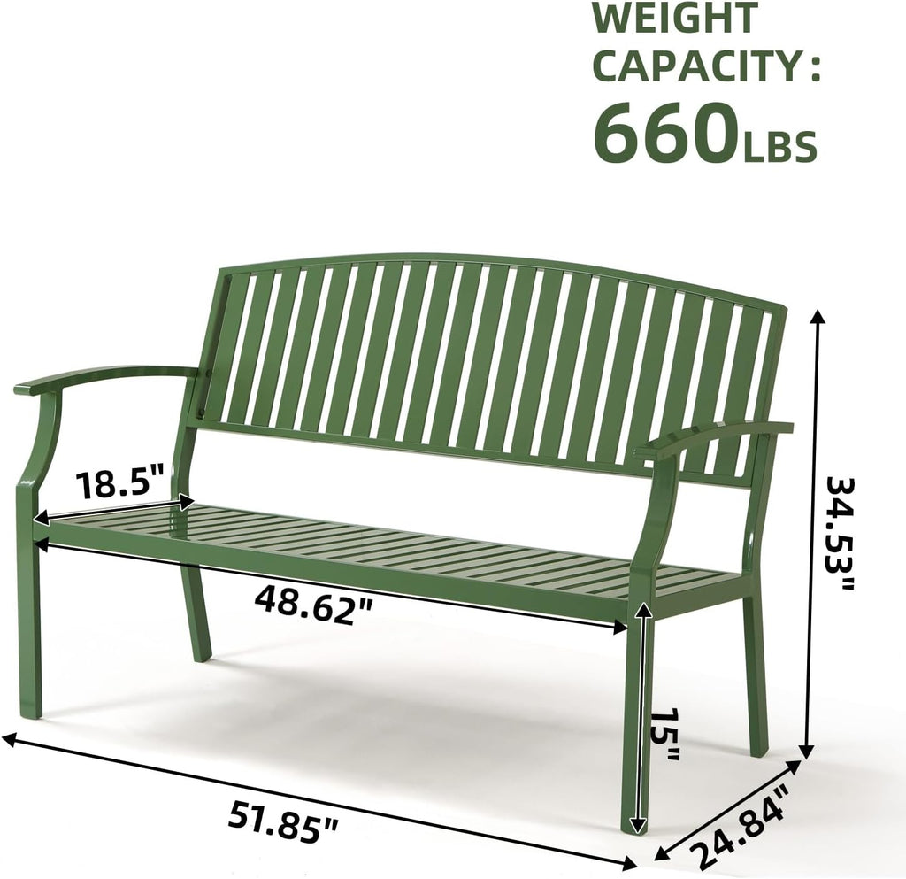 52" Outdoor Aluminum Garden Bench for 2, Weatherproof, Green | waterproof rust-resistant metal bench supports up to