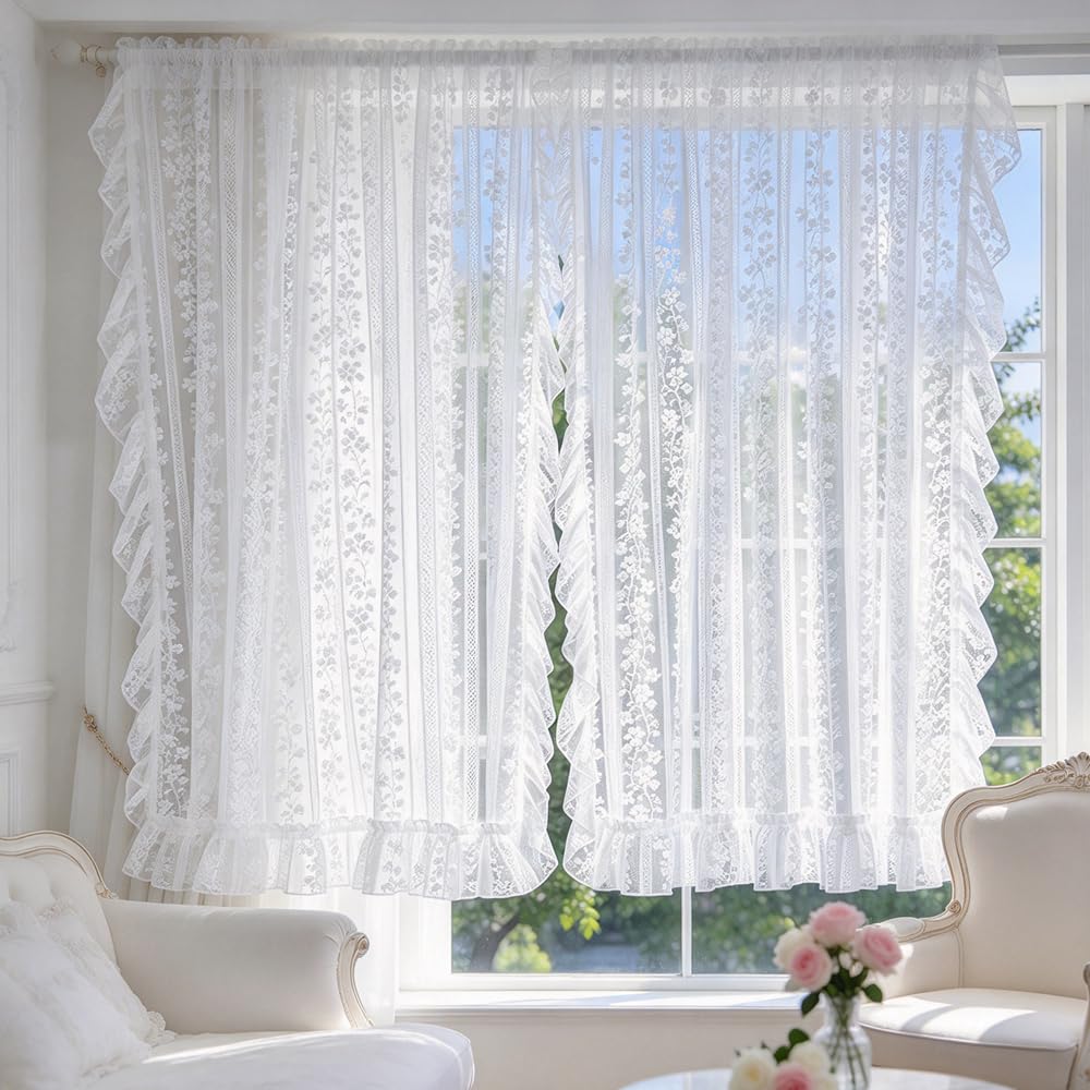 White Little Flower Knitted Lace Curtain with Ruffles for Daughters Bedroom