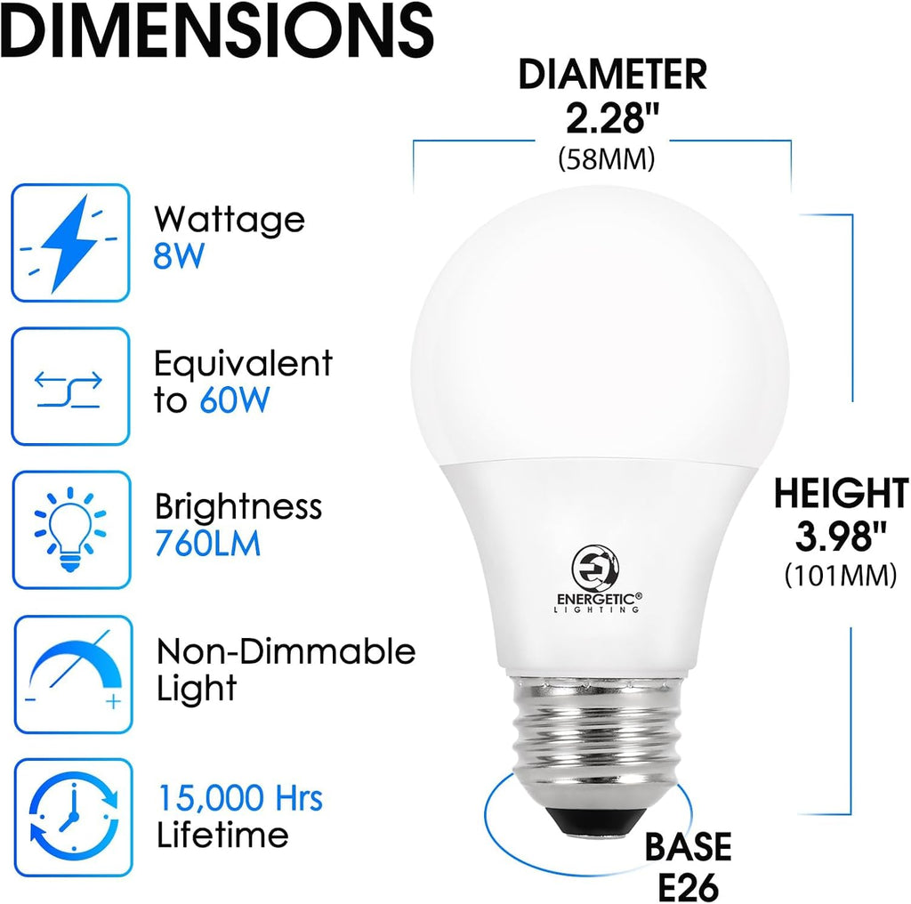 Energetic 60W Equivalent, A19 LED Light Bulb, 2700K Soft White, E26 Medium Base, Non-Dimmable LED Light Bulb, 8W