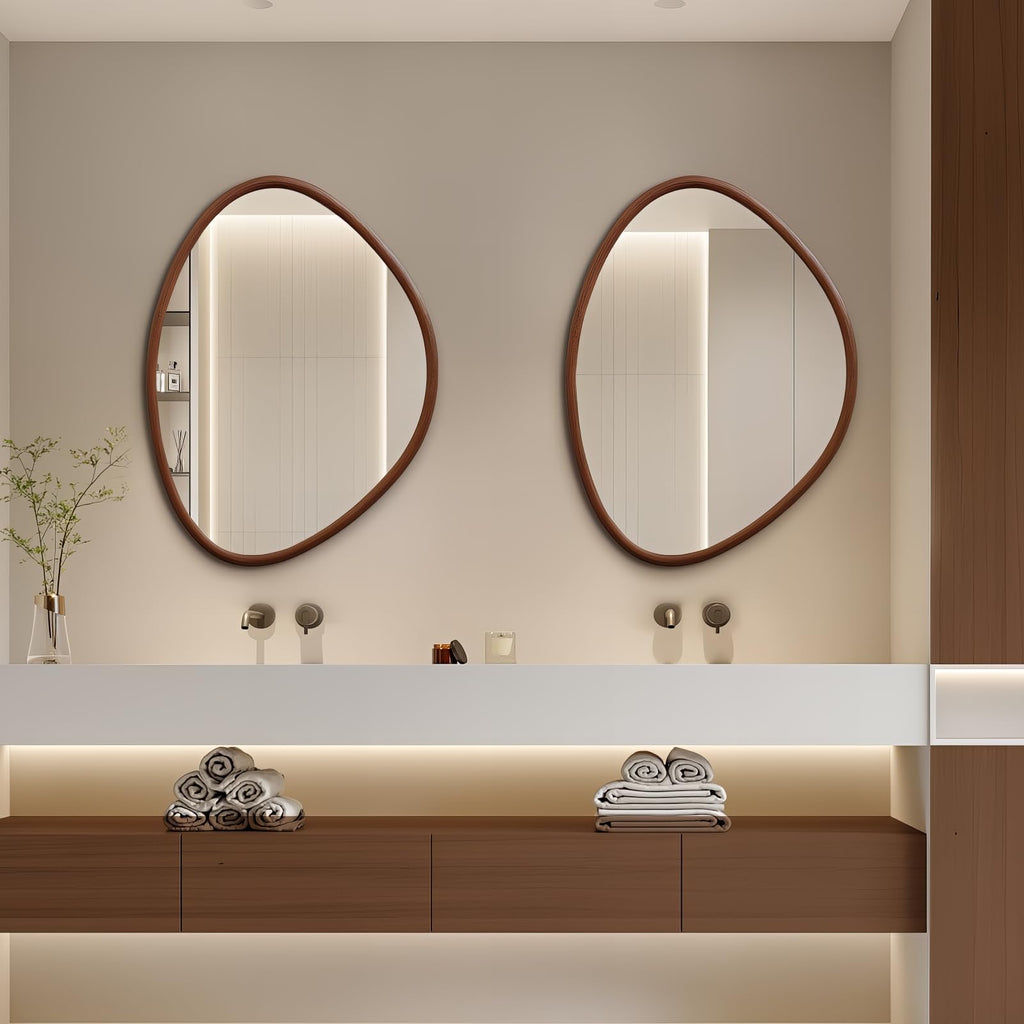 31.5"x23.5" Irregular Wall Mirror, Walnut Wood Bathroom Mirror