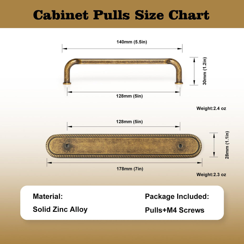 2 Pack Cabinet Pulls Antique Brass Drawer Pulls with Backplate,5 Inch Hole Center Vintage Cabinet Handles with Spacer