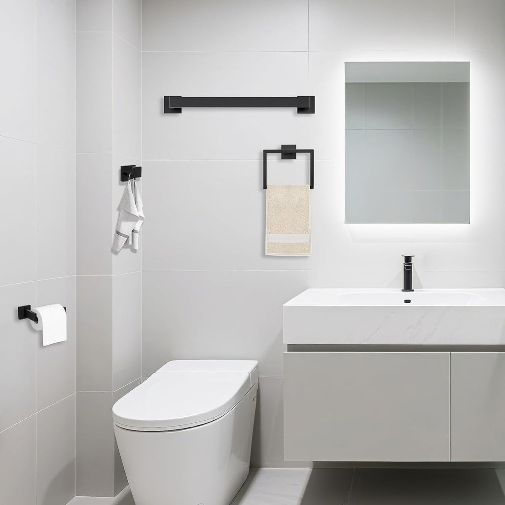 5 Piece Towel Bar Set - 23.6Inch Bathroom Towel Holder - Matte Black | Stainless Steel Towel Racks Wall Mounted