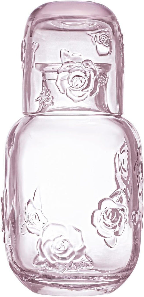 15 Oz Rose Embossed Pink Glass Bedside Night Water Carafe with Tumbler Glass.