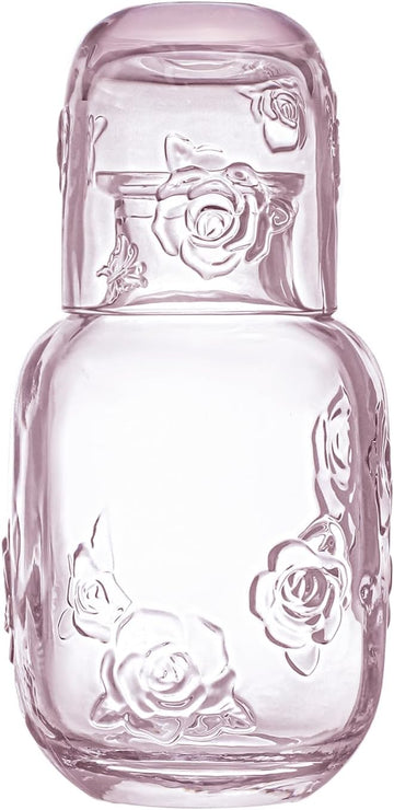 15 Oz Rose Embossed Pink Glass Bedside Night Water Carafe with Tumbler Glass.