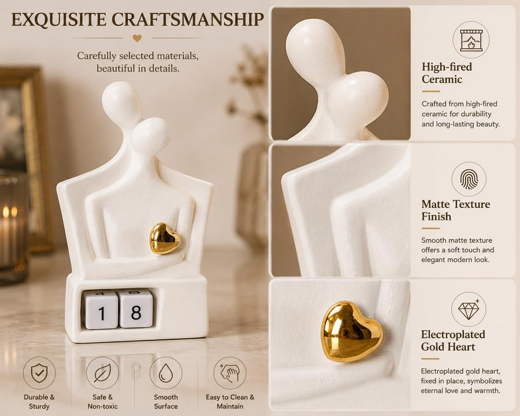 For Couples & Parents, Modern Ceramic Couple Sculpture with Fixed Gold Heart, Abstract Embrace Figurine Displays