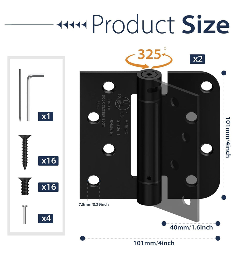 2-Pack 4 Inch Self Closing Door Hinges, Square & 5/8" Radius Corners, Black