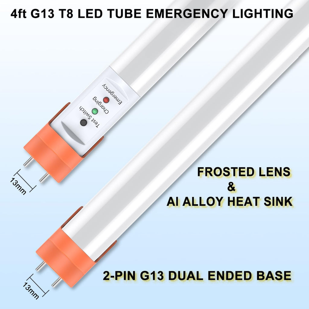 Emergency T8 LED Tube 4ft with Battery Backup, Hardwired G13 Light Bulbs