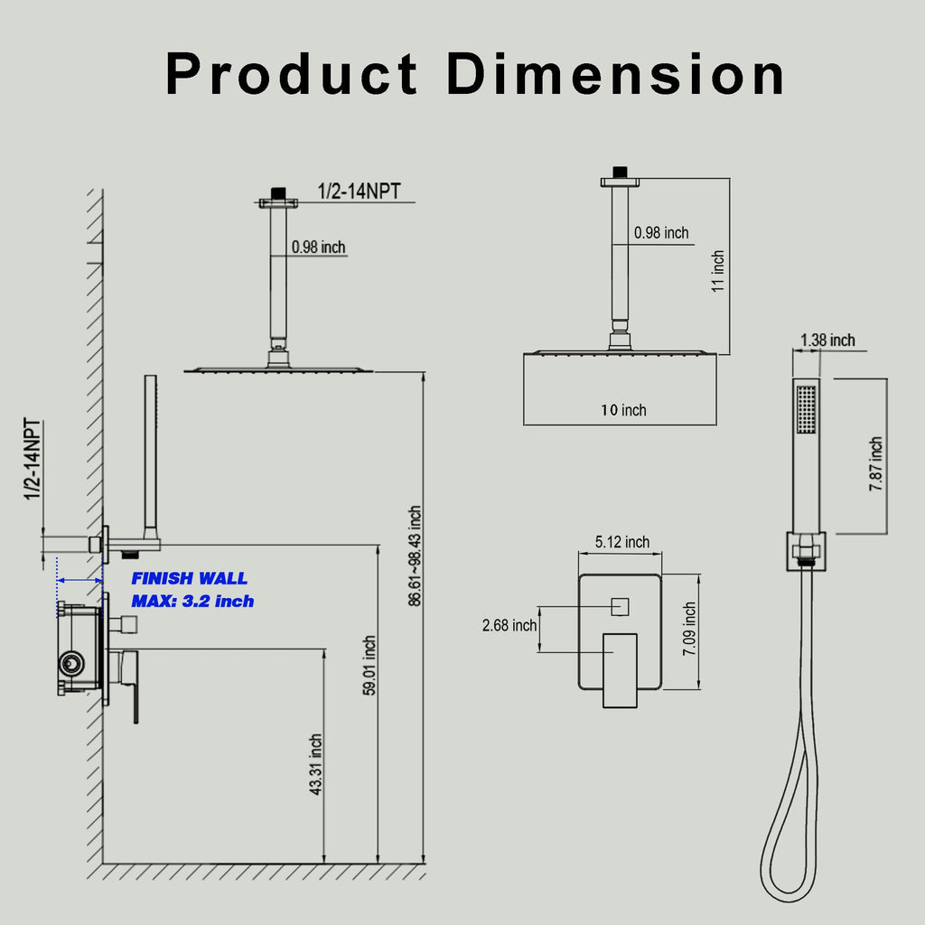 Ceiling Mount Shower System with 10" Rain Head, Handheld & Valve