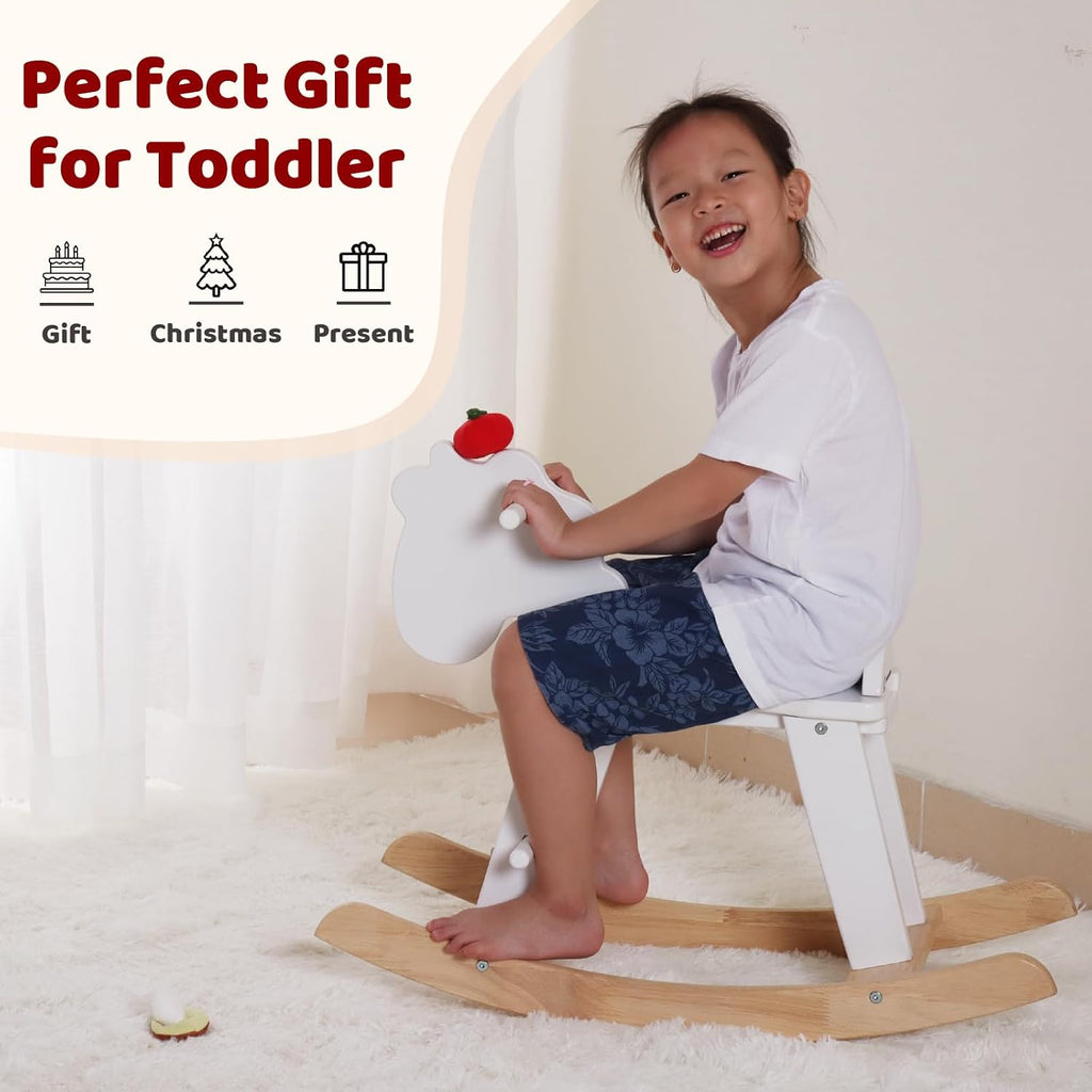 White Wooden Rocking Horse for Preschool (Ages 3-6) - Solid Rubber Wood, Safe & Comfortable Footrest, Supports