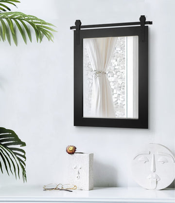 28"x 22" Rustic Barn Door Mirror Wooden Framed Farmhouse Wall Mirror Vintage Decorate