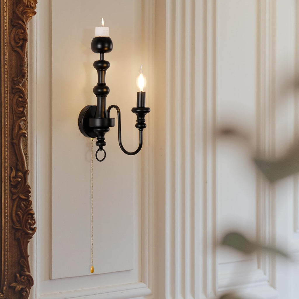 Matte Black Iron Single‐Arm Wall Sconce, Retro Farmhouse Hardwired Wall Lamp with Scented Candle Tray & Pull Chain