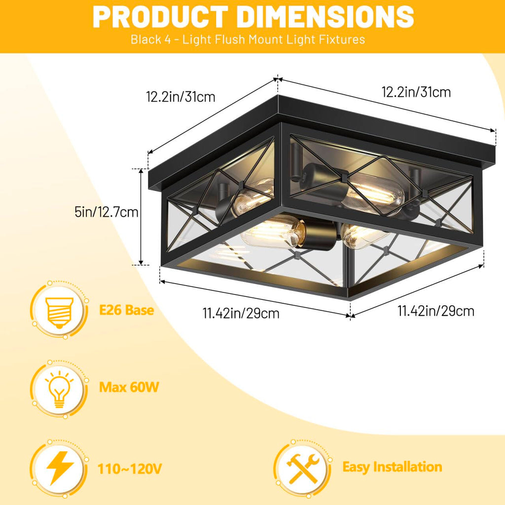 12" Square Flush Mount Ceiling Light with Clear Glass Shade, 4-Light Farmhouse Outdoor Porch Ceiling Light Fixtures