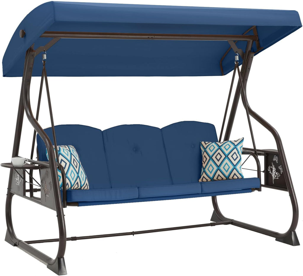 3-Seat Patio Porch Swing 800LBS Outdoor Swing with Stand w/Canopy & Adjustable Backrest Patio Glider Chair