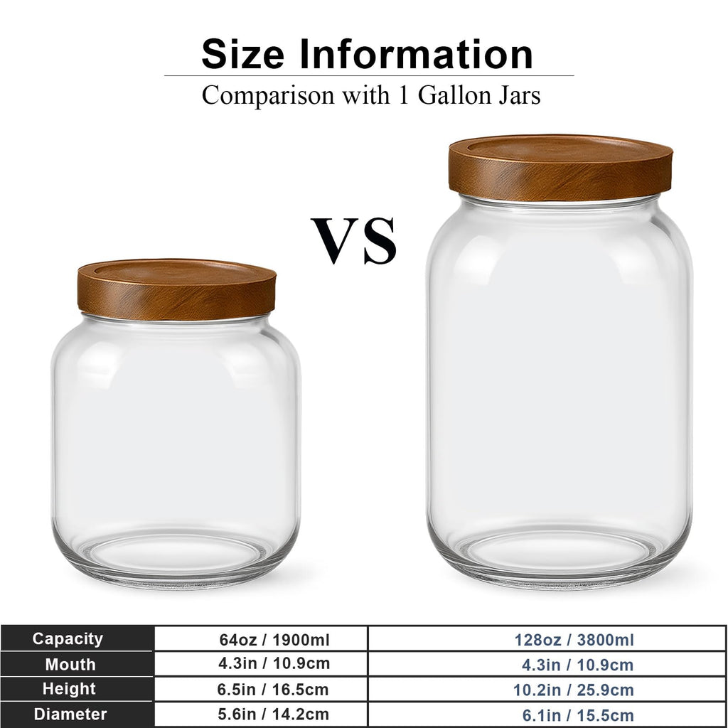 Set of 2 Cookie Jars with Airtight Lid, 1/2 Gallon Glass Jars with Acacia Wooden Lid, 64 oz Wide Mouth Mason Jar for