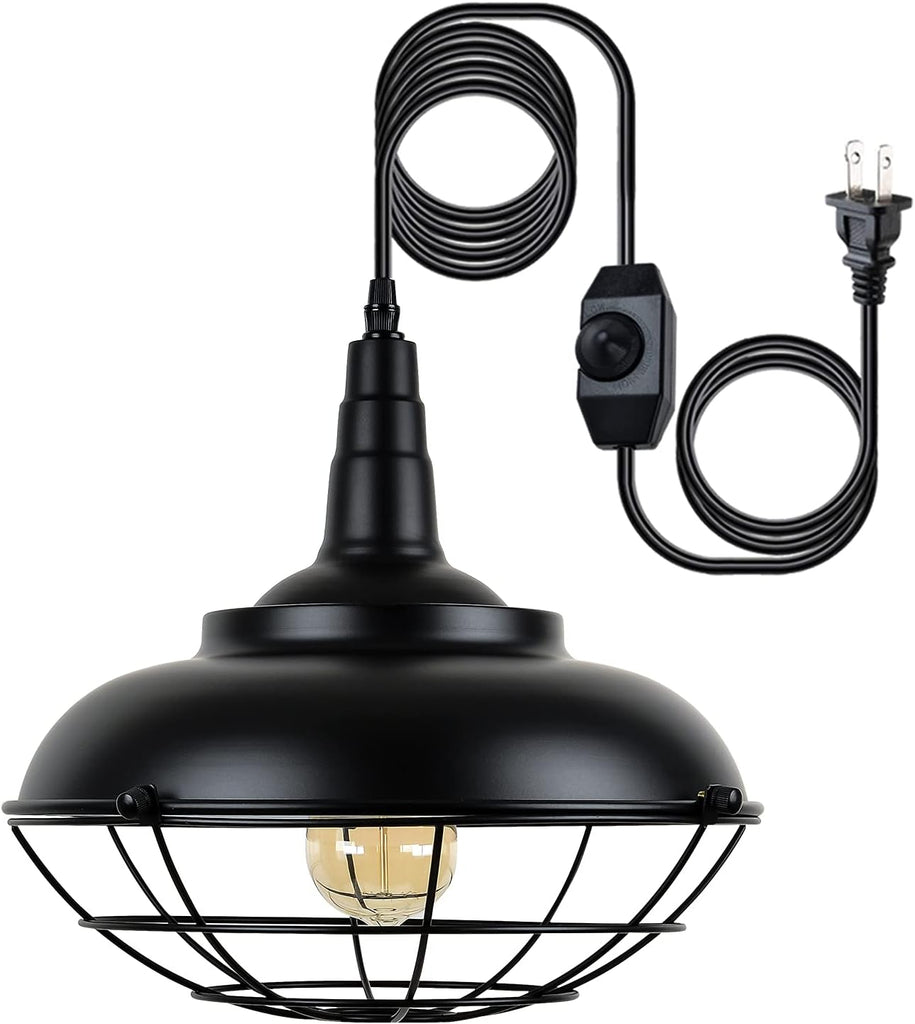 Plug In Hanging Light Fixtures, Black Cage Plug In Pendant Light, Metal Outdoor Chandelier for Gazebo Porch