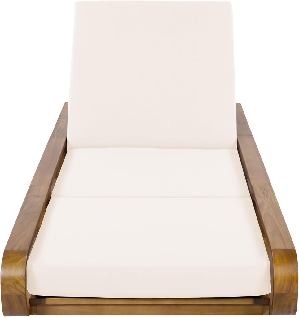 Pyke Chaise Lounge Chair Outdoor with Foldable Cushion, Acacia Wood Poolside Sun Lounger with Curved Frame