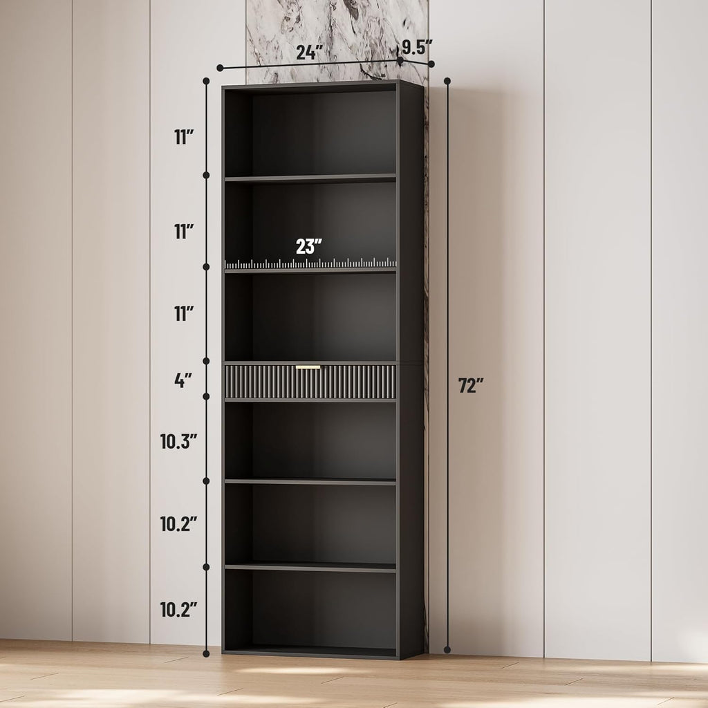 72" Tall Bookshelf with Storage, 7-Tier Bookcase Fluted with Drawer, Display Book Shelf Book Organizer with Anti-tip