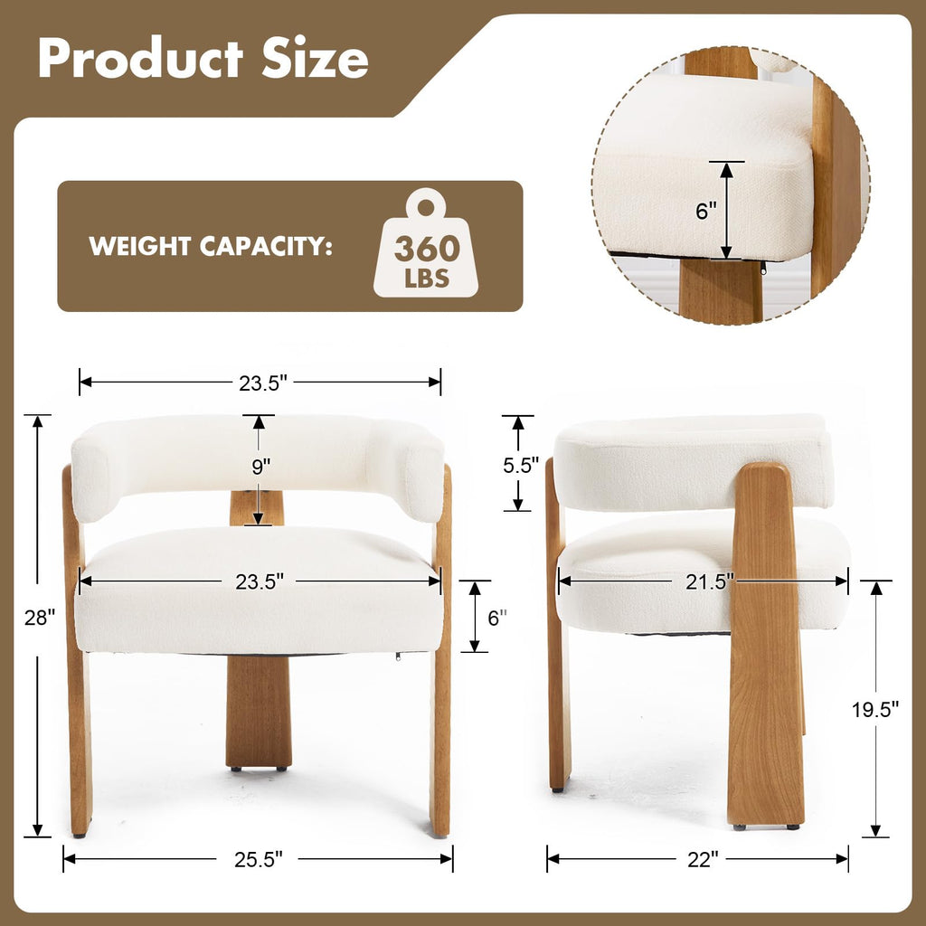 Set of 2 Modern Boho Barrel Dining Chairs with Wood Legs, White Upholstered Accent Armchairs with Thick Padded