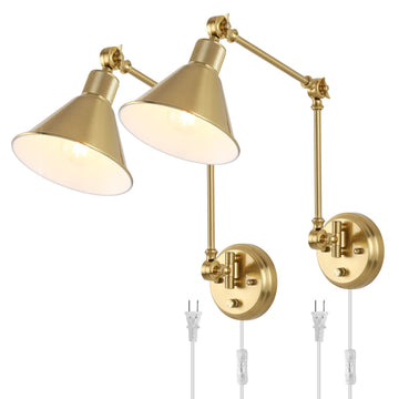 Wall Sconces Plug in, Dimmable Wall Sconces Brushed Brass Swing Arm Wall Lights Plug in Wall Mounted Light Industrial