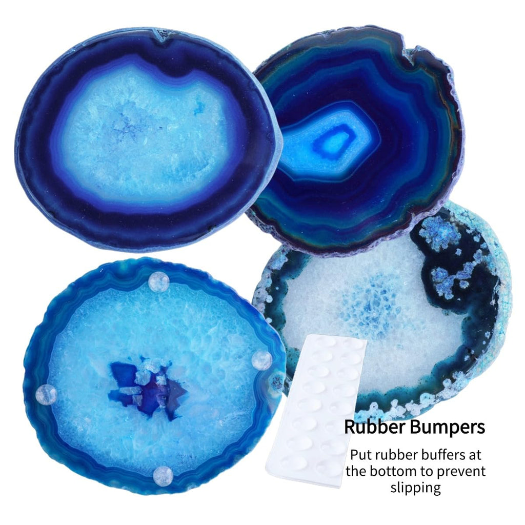 Coasters Set of 4 Agate Coaster Teal Irregular Dyed 4-5" for Drinks Coffee Wine Bar Glasses with Rubber Bumpers