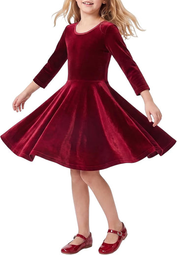 Girls 3/4 Sleeve Velvet Twirly Dress Casual Skater Dresses with Pockets