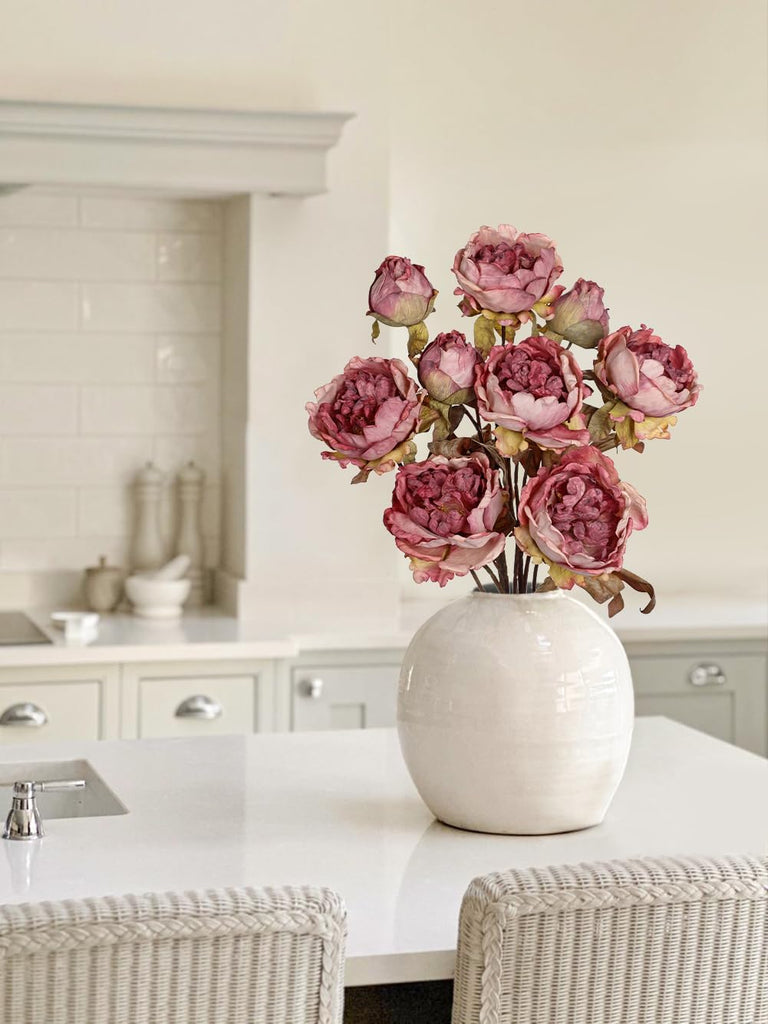 Artificial Dried Look Fall Peony Flowers 27.5in Tall Dusty Pink Vintage Silk Peony Bouquet Realistic Fake - Set of 3