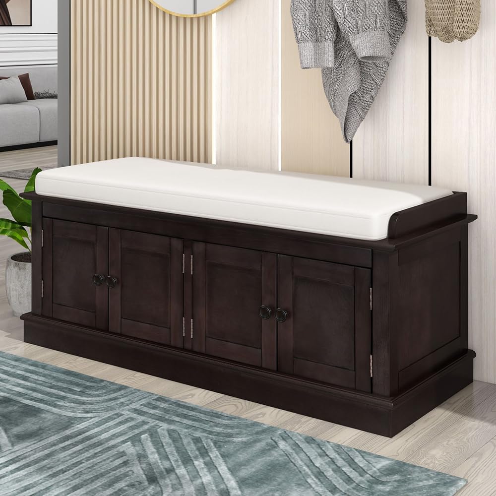 Farmhouse Storage Bench, Wood Storage Benches with Adjustable Shelves, Shoe Bench with Storage and Removable Cushion