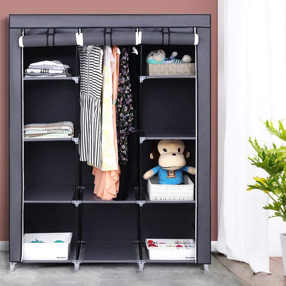 Portable Closets Freestanding Closet Organizer Clothes Wardrobe Garment Rack Dustproof Non-Woven Cover with Storage