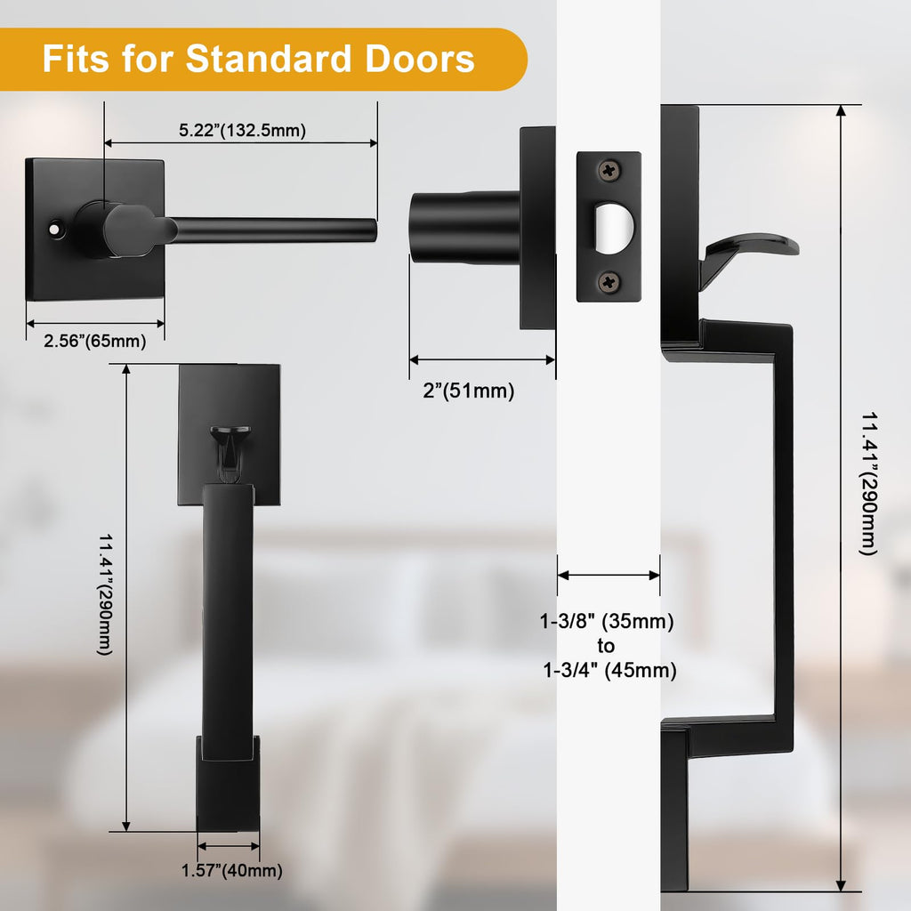 Black Front Door Handle Set, Exterior Door Handle, Modern Heavy Duty Square, Passage Door Handleset Reversible for