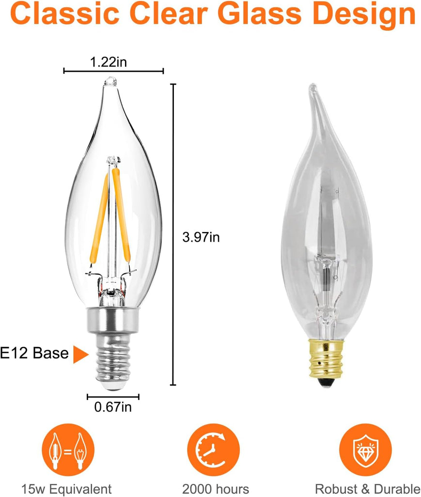 6x1.5 Watt LED Warm White Ceiling Fan Light Bulbs 20W Equivalent C32 Chandelier Light Bulbs Bright and Lasting 110